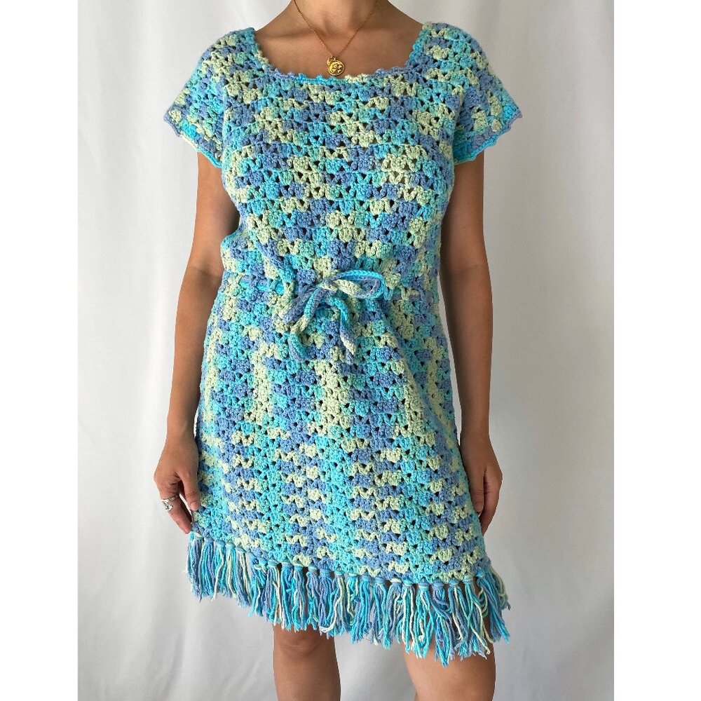 70s vintage blue thick crochet hand knit granny fringed midi dress cover up